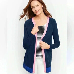 Talbots Navy Blue Girlfriend Cardigan Tipped VNeck Button Cardigan Sweater small